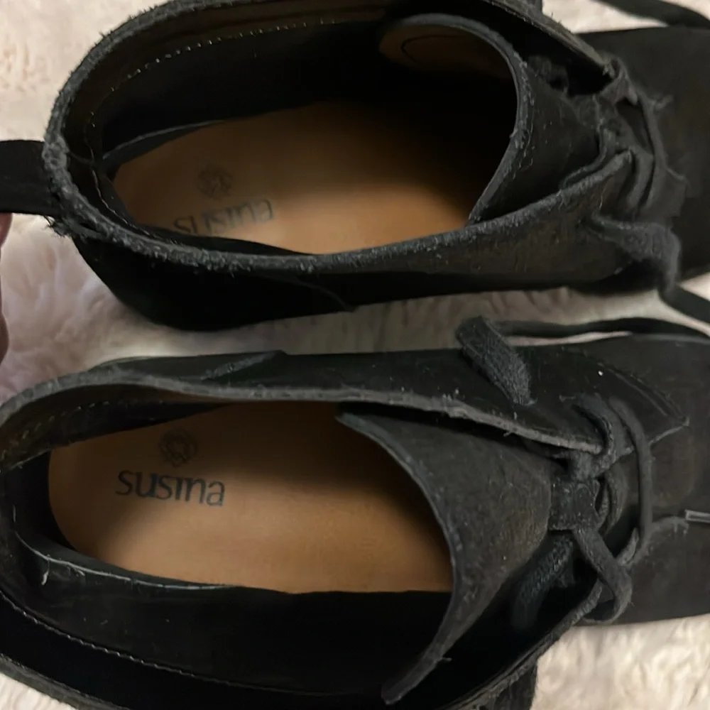 Susina Black Suede Leather Block Heel Lace Up Ankle Boots Booties Sz 6.5